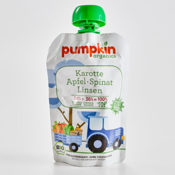 Püree läätsed-porgand-spinat-õun 100g alates 12 elukuud Pumpkin Organics